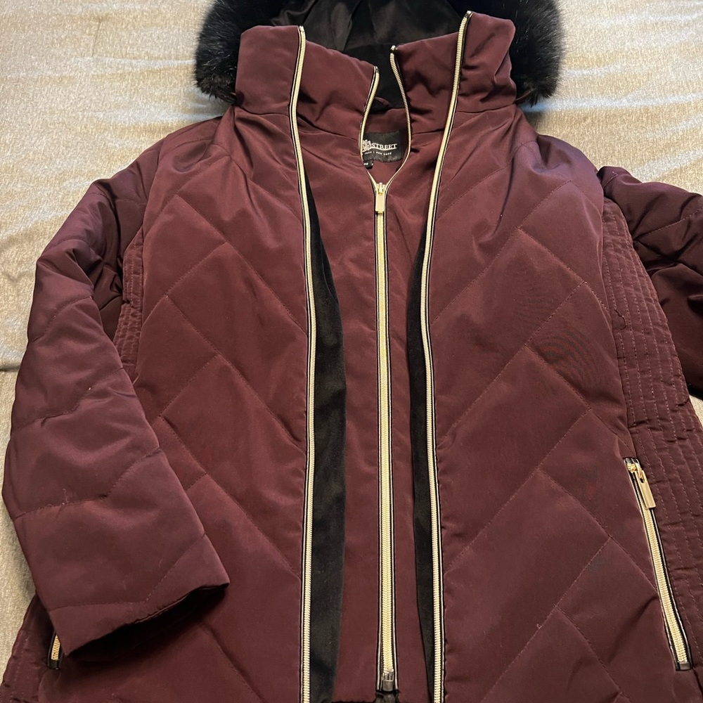 Burgundy Velvet Quilted Women's Jacket with Faux Fur Trim